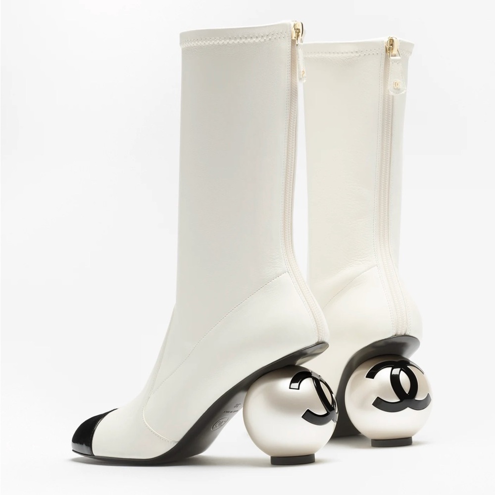 Chanel White Leather Mid Calf Boots with Pearl Heel 25k Collection - Sz 37.5 NEW